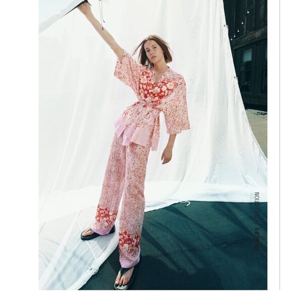 NWT ZARA BARBIE PINK WIDE-LEG PRINTED LINEN BLEND TROUSERS SizeXS - Picture 7 of 13